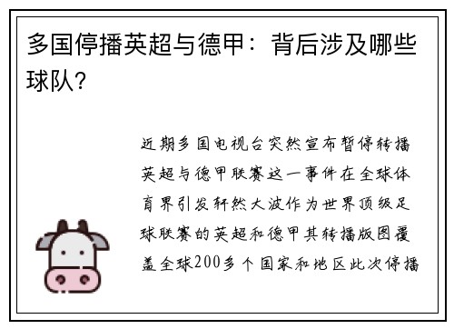 多国停播英超与德甲:背后涉及哪些球队?